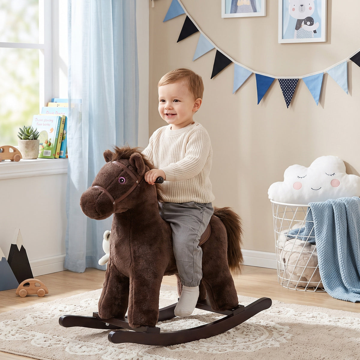 Kids Rocking Horse Plush Animal on Wooden Rockers with Sounds, Wooden Base and Bear Toy, Baby Rocking Chair-Toys & Games > Baby & Toddler Toys > Riding & Rocking Toys > Rocking Horses-DECOROLALA
