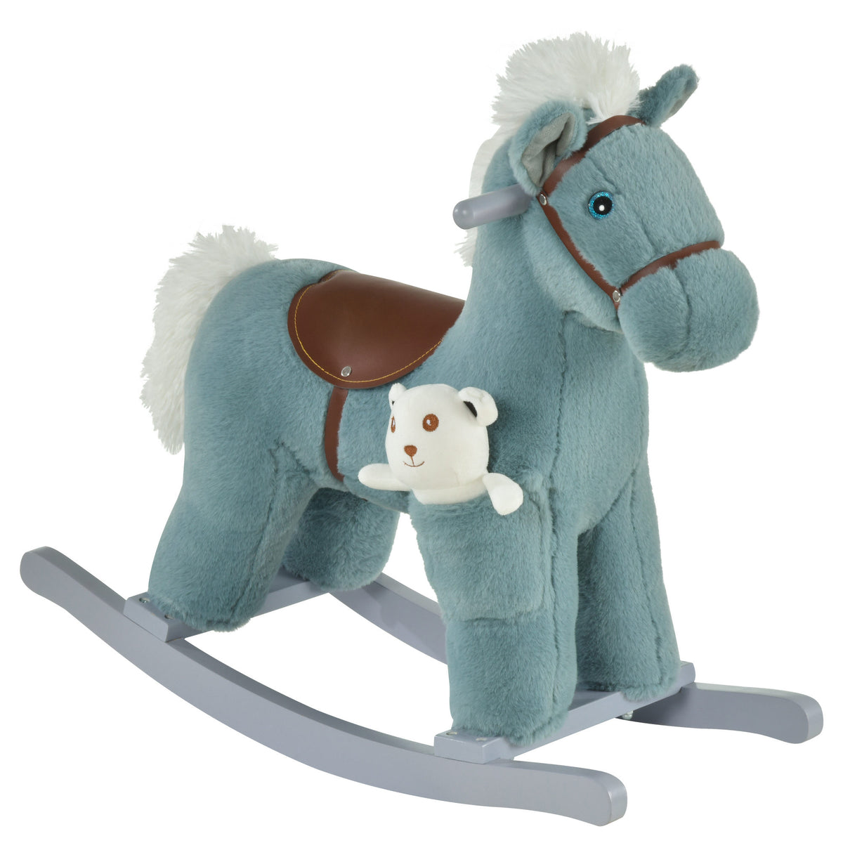 Kids Rocking Horse Plush Animal on Wooden Rockers with Sounds, Wooden Base and Bear Toy, Baby Rocking Chair-Toys & Games > Baby & Toddler Toys > Riding & Rocking Toys > Rocking Horses-DECOROLALA