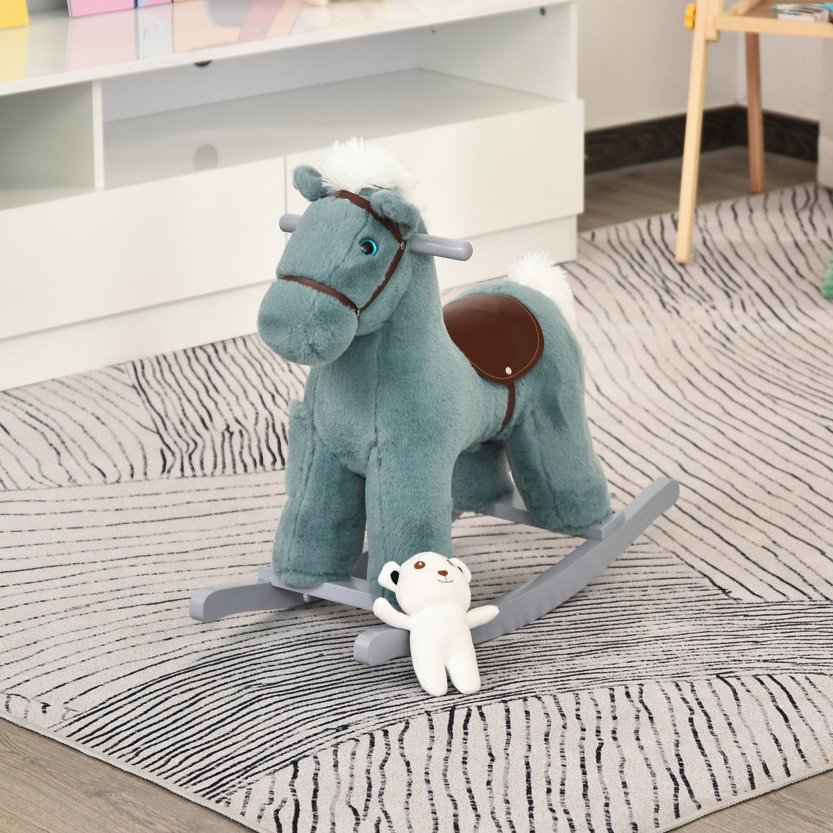 Kids Rocking Horse Plush Animal on Wooden Rockers with Sounds, Wooden Base and Bear Toy, Baby Rocking Chair-Toys & Games > Baby & Toddler Toys > Riding & Rocking Toys > Rocking Horses-DECOROLALA