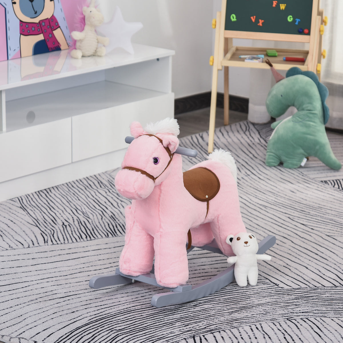 Kids Rocking Horse Plush Animal on Wooden Rockers with Sounds, Wooden Base and Bear Toy, Baby Rocking Chair-Toys & Games > Baby & Toddler Toys > Riding & Rocking Toys > Rocking Horses-DECOROLALA