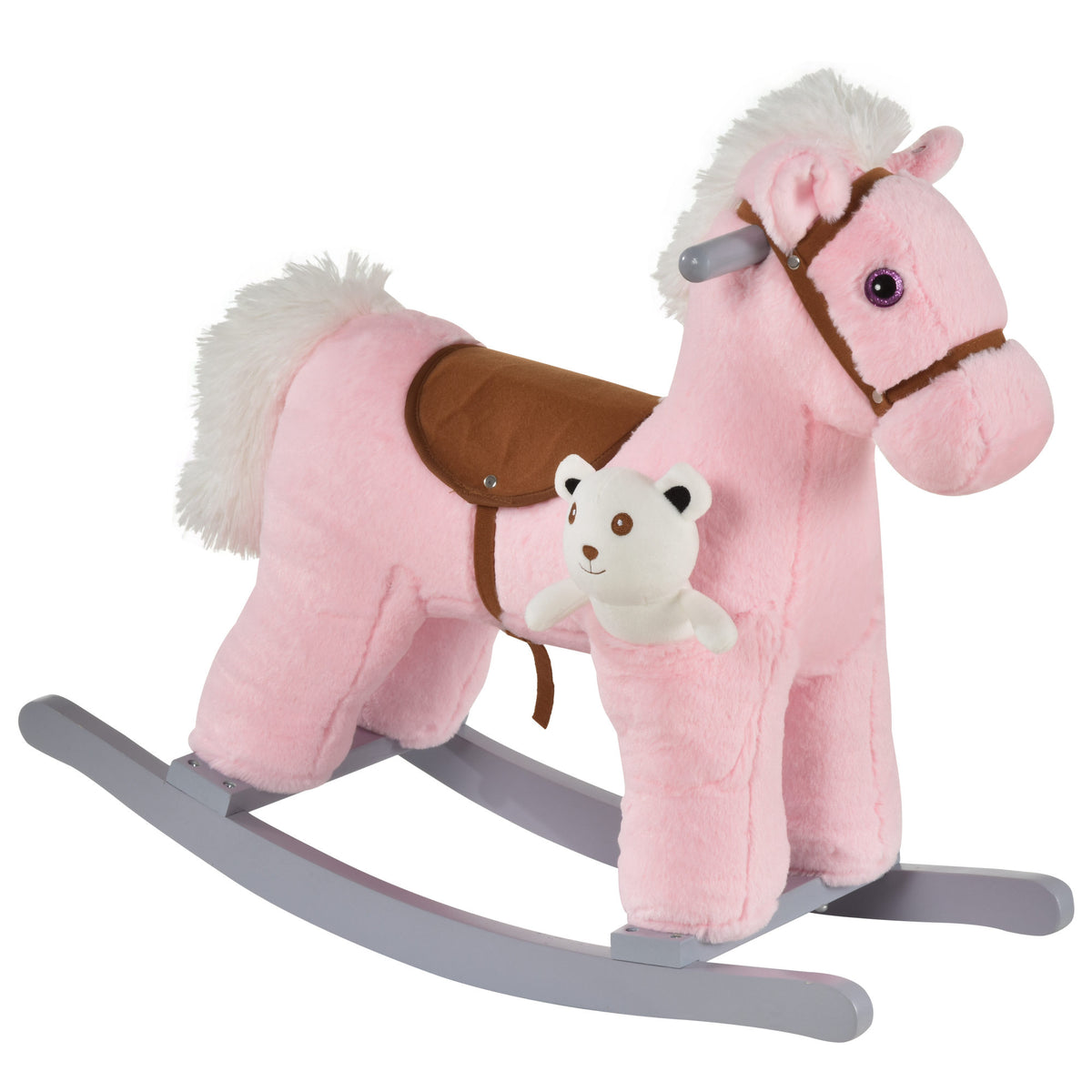 Kids Rocking Horse Plush Animal on Wooden Rockers with Sounds, Wooden Base and Bear Toy, Baby Rocking Chair-Toys & Games > Baby & Toddler Toys > Riding & Rocking Toys > Rocking Horses-DECOROLALA