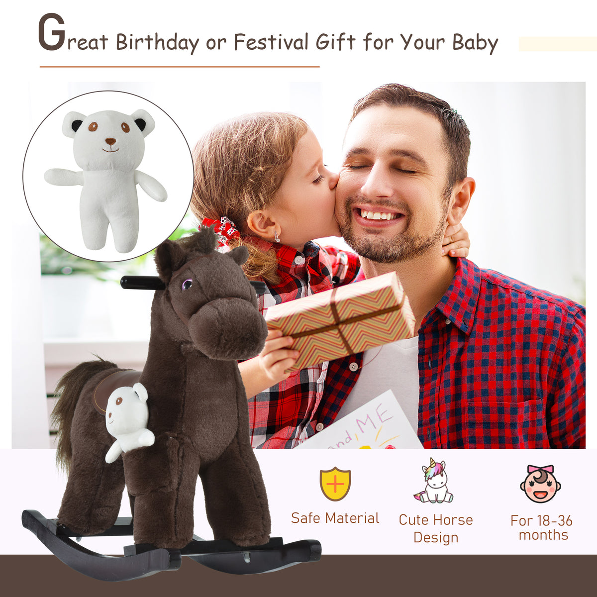Kids Rocking Horse Plush Animal on Wooden Rockers with Sounds, Wooden Base and Bear Toy, Baby Rocking Chair-Toys & Games > Baby & Toddler Toys > Riding & Rocking Toys > Rocking Horses-DECOROLALA