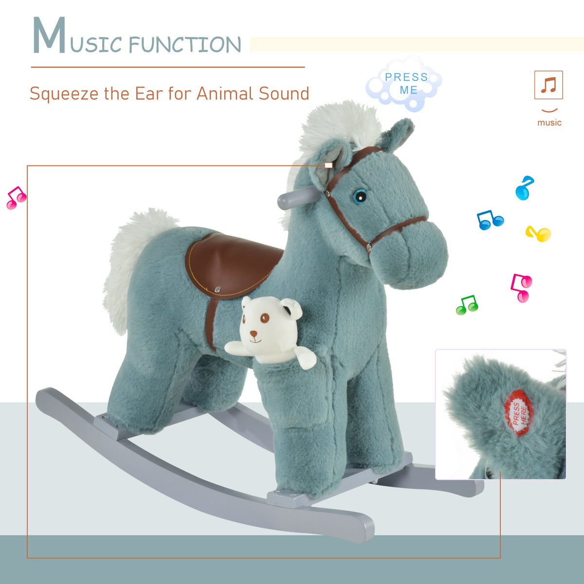 Kids Rocking Horse Plush Animal on Wooden Rockers with Sounds, Wooden Base and Bear Toy, Baby Rocking Chair-Toys & Games > Baby & Toddler Toys > Riding & Rocking Toys > Rocking Horses-DECOROLALA