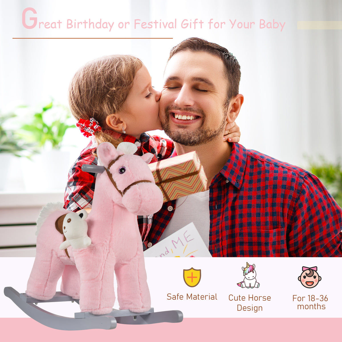 Kids Rocking Horse Plush Animal on Wooden Rockers with Sounds, Wooden Base and Bear Toy, Baby Rocking Chair-Toys & Games > Baby & Toddler Toys > Riding & Rocking Toys > Rocking Horses-DECOROLALA