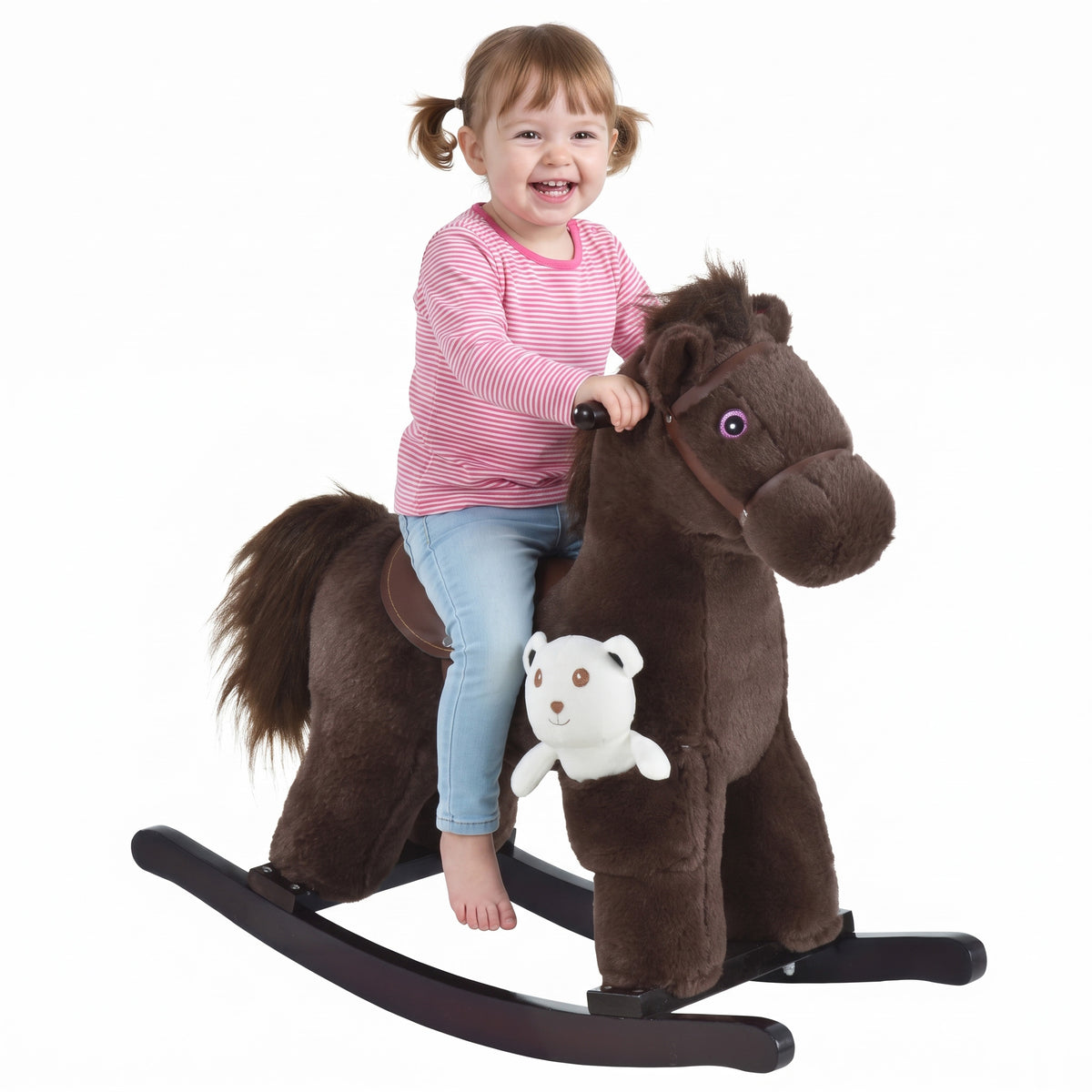 Kids Rocking Horse Plush Animal on Wooden Rockers with Sounds, Wooden Base and Bear Toy, Baby Rocking Chair-Toys & Games > Baby & Toddler Toys > Riding & Rocking Toys > Rocking Horses-DECOROLALA