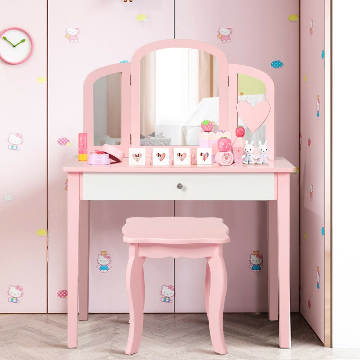 Kids Princess Make Up Dressing Table with Tri-folding Mirror and Chair-Pink-Kids Vanities-DECOROLALA
