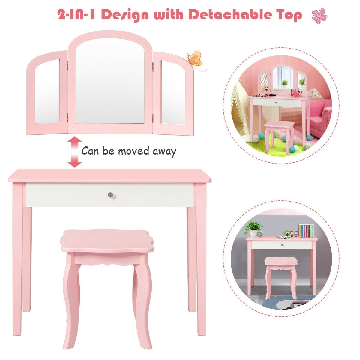 Kids Princess Make Up Dressing Table with Tri-folding Mirror and Chair-Pink-Kids Vanities-DECOROLALA