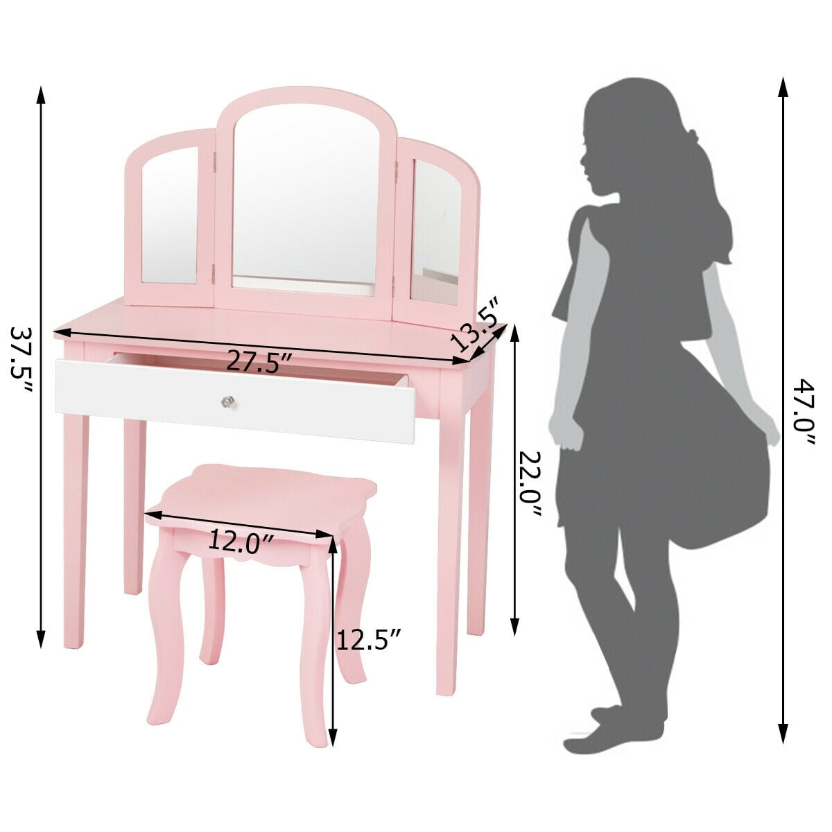 Kids Princess Make Up Dressing Table with Tri-folding Mirror and Chair-Pink-Kids Vanities-DECOROLALA