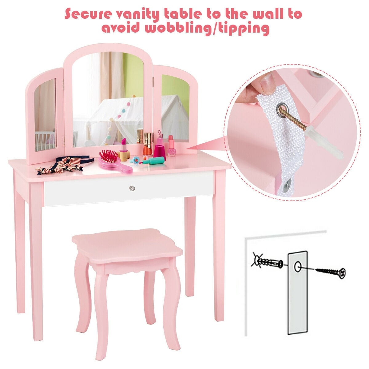 Kids Princess Make Up Dressing Table with Tri-folding Mirror and Chair-Pink-Kids Vanities-DECOROLALA