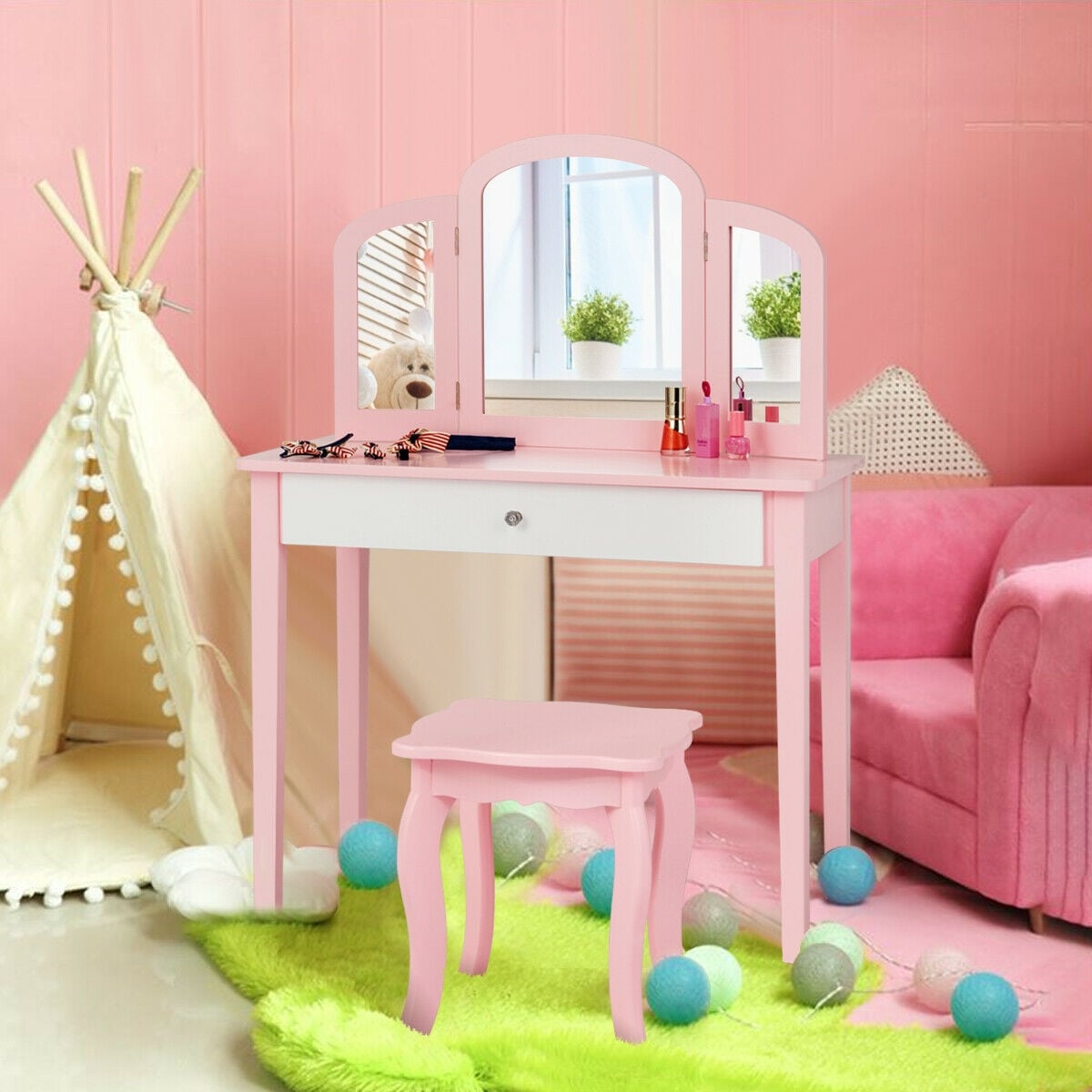 Kids Princess Make Up Dressing Table with Tri-folding Mirror and Chair-Pink-Kids Vanities-DECOROLALA