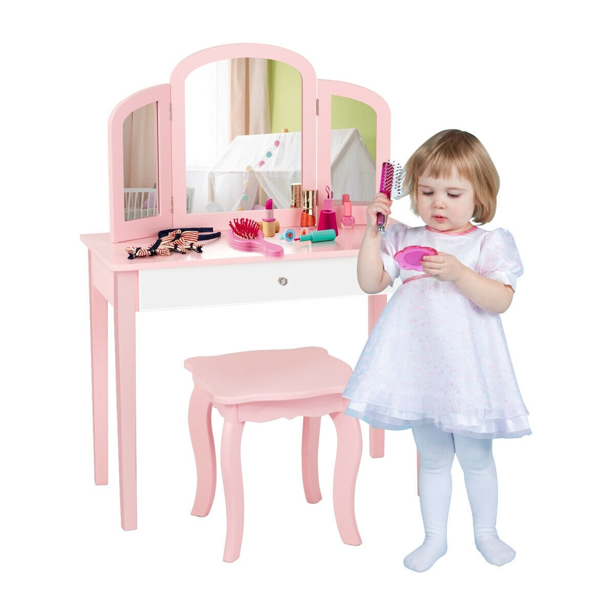 Kids Princess Make Up Dressing Table with Tri-folding Mirror and Chair-Pink-Kids Vanities-DECOROLALA