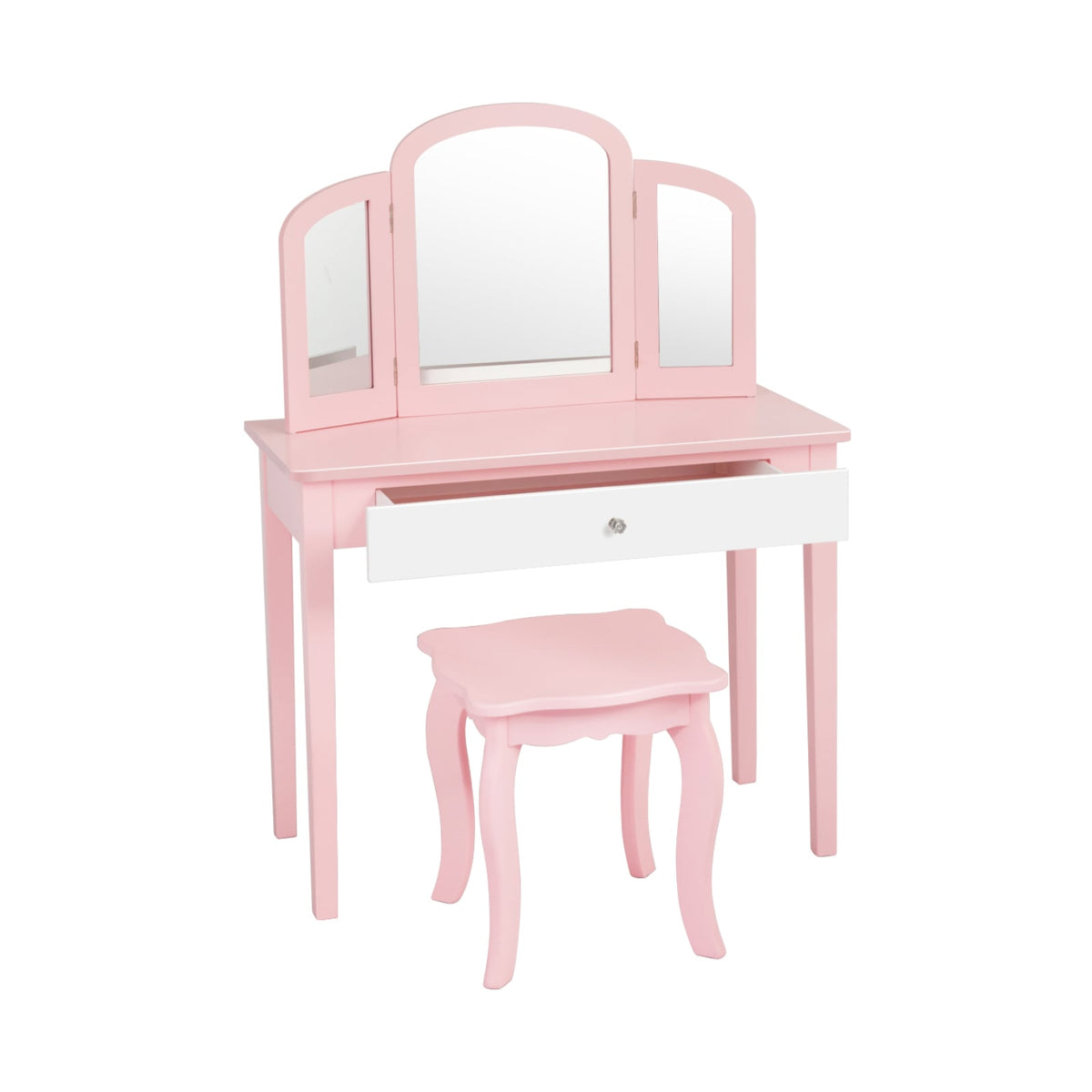 Kids Princess Make Up Dressing Table with Tri-folding Mirror and Chair-Pink-Kids Vanities-DECOROLALA