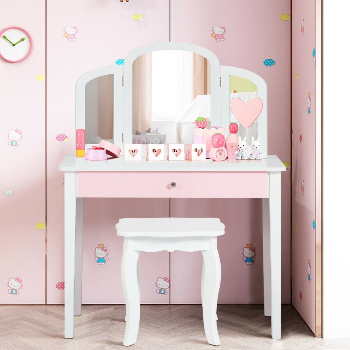 Kids Princess Make Up Dressing Table with Tri-folding Mirror and Chair-White-Kids Vanities-DECOROLALA