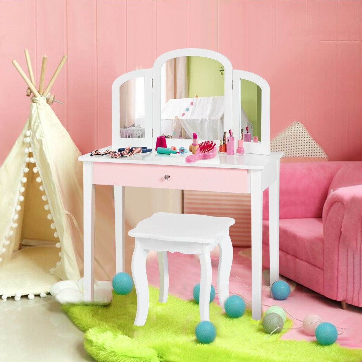 Kids Princess Make Up Dressing Table with Tri-folding Mirror and Chair-White-Kids Vanities-DECOROLALA
