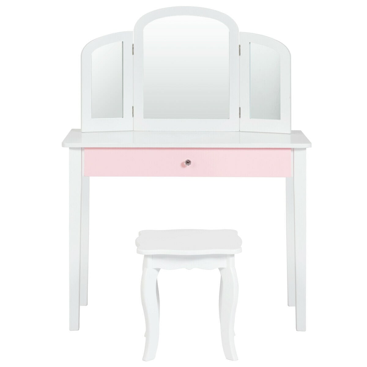 Kids Princess Make Up Dressing Table with Tri-folding Mirror and Chair-White-Kids Vanities-DECOROLALA