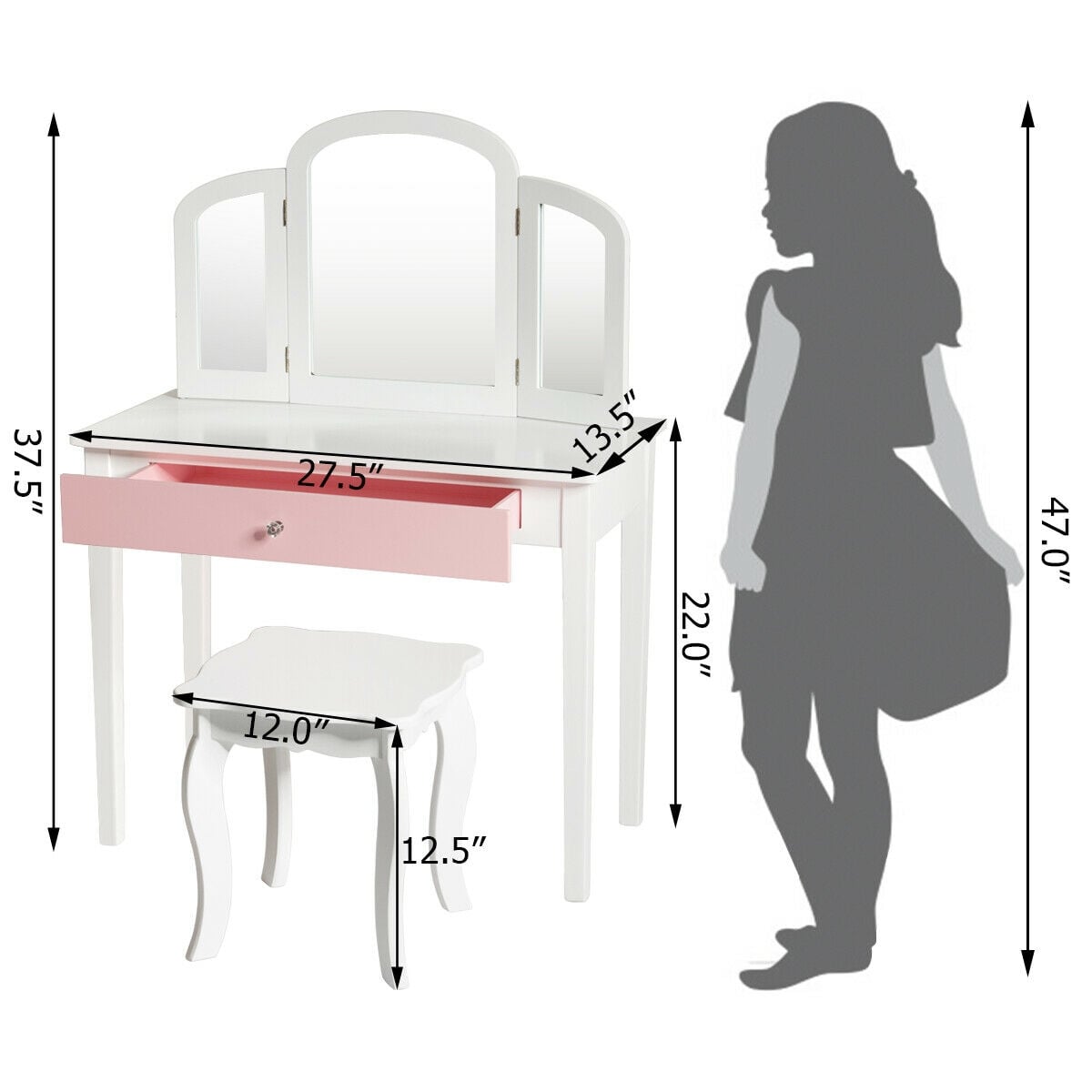Kids Princess Make Up Dressing Table with Tri-folding Mirror and Chair-White-Kids Vanities-DECOROLALA