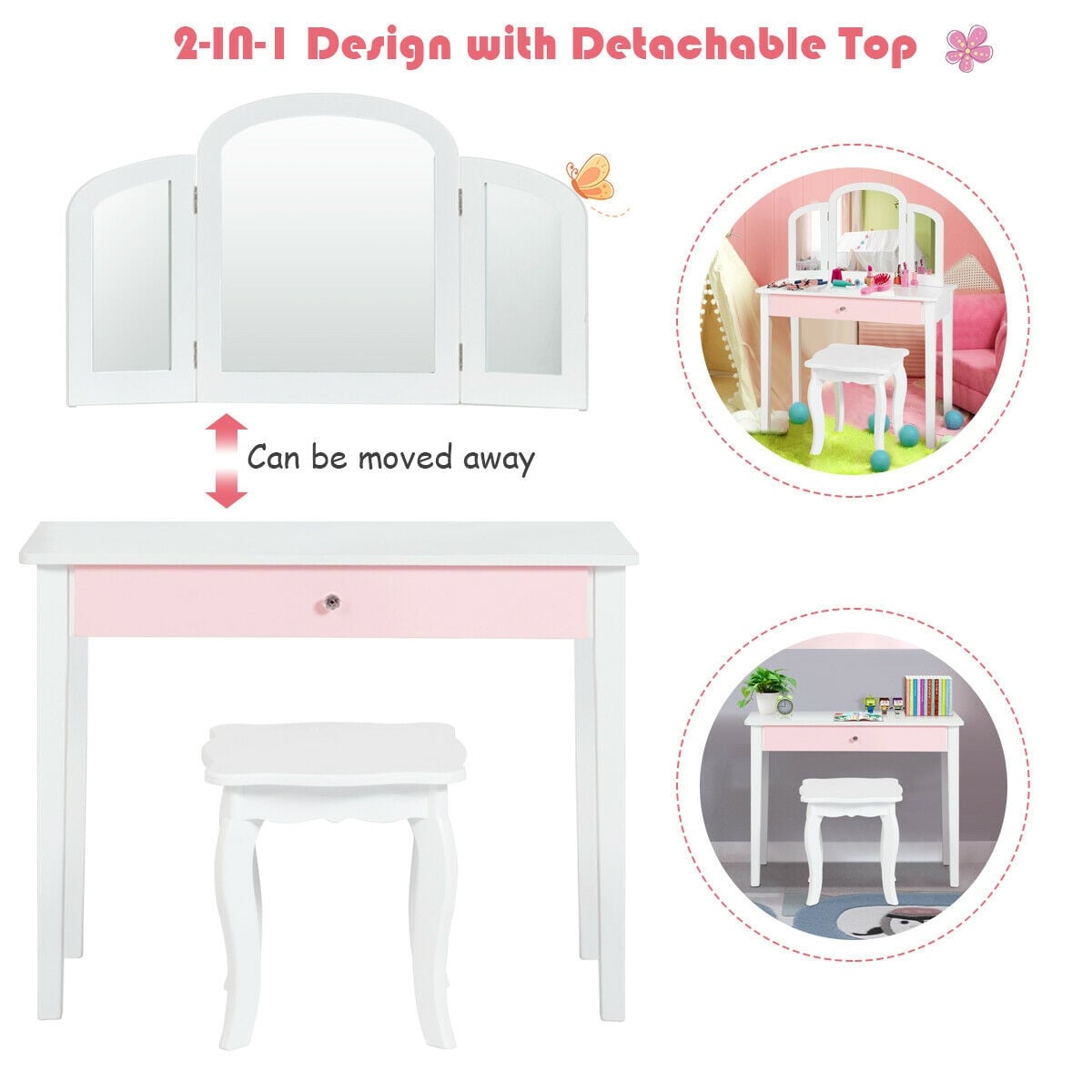 Kids Princess Make Up Dressing Table with Tri-folding Mirror and Chair-White-Kids Vanities-DECOROLALA