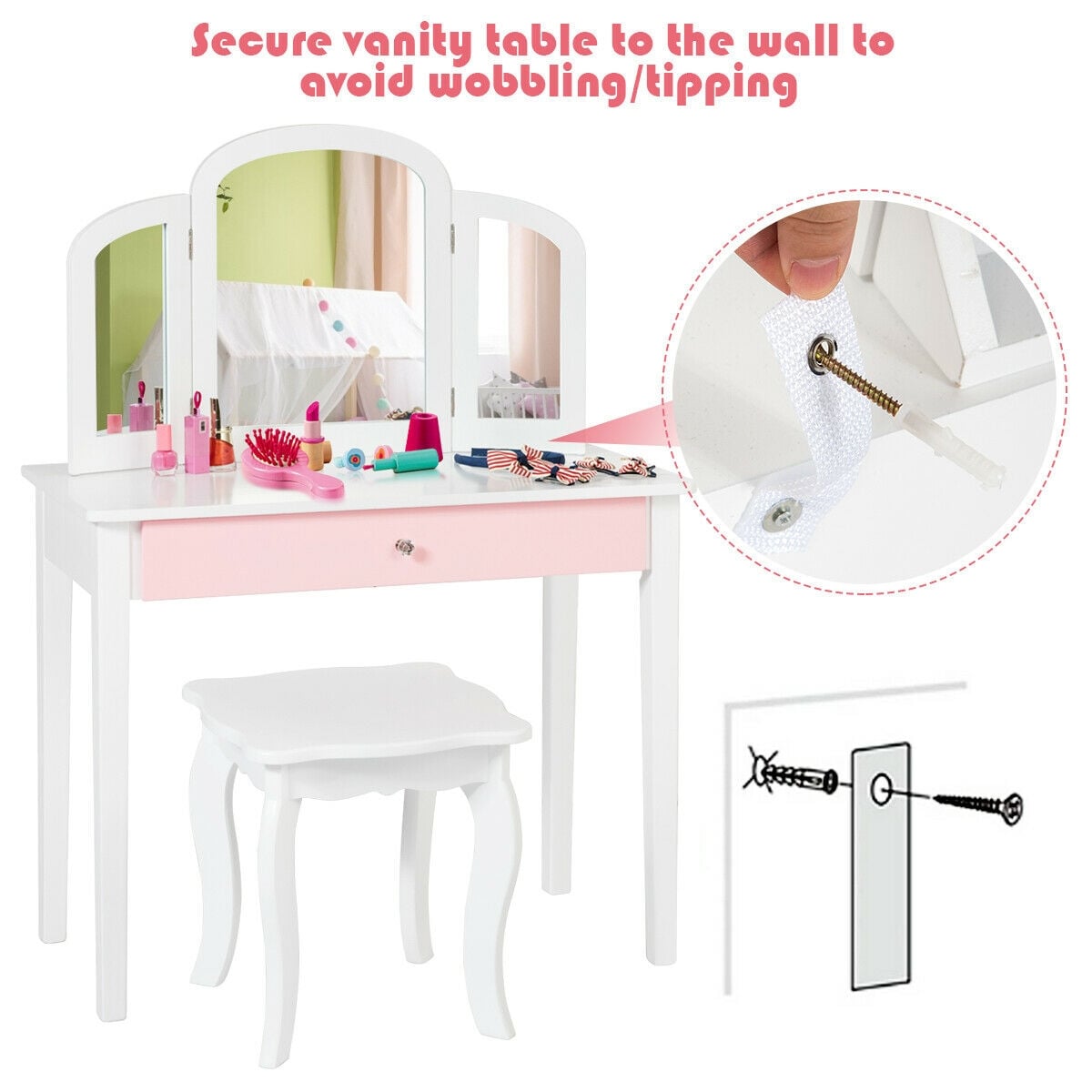 Kids Princess Make Up Dressing Table with Tri-folding Mirror and Chair-White-Kids Vanities-DECOROLALA