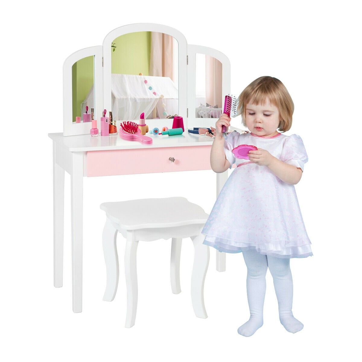 Kids Princess Make Up Dressing Table with Tri-folding Mirror and Chair-White-Kids Vanities-DECOROLALA