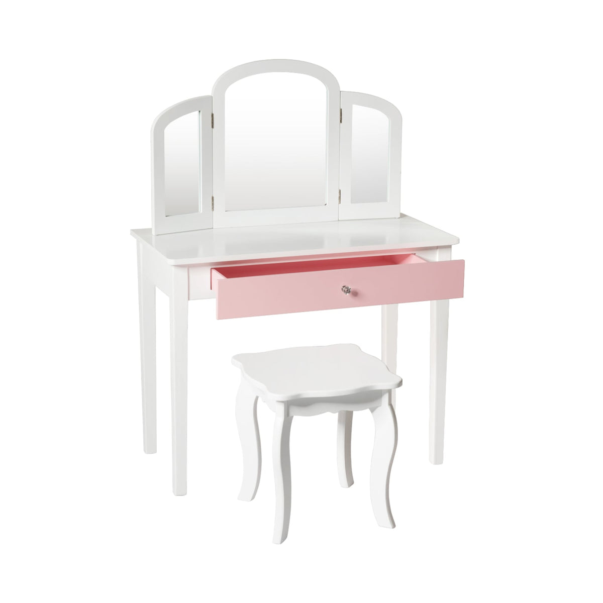 Kids Princess Make Up Dressing Table with Tri-folding Mirror and Chair-White-Kids Vanities-DECOROLALA