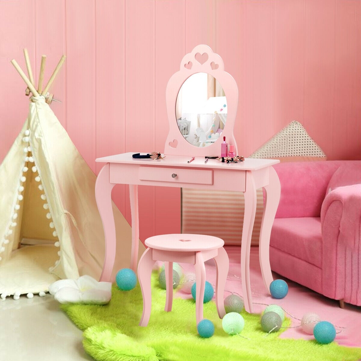 Kids Princess Makeup Dressing Play Table Set with Mirror -Pink-Kids Vanities-DECOROLALA