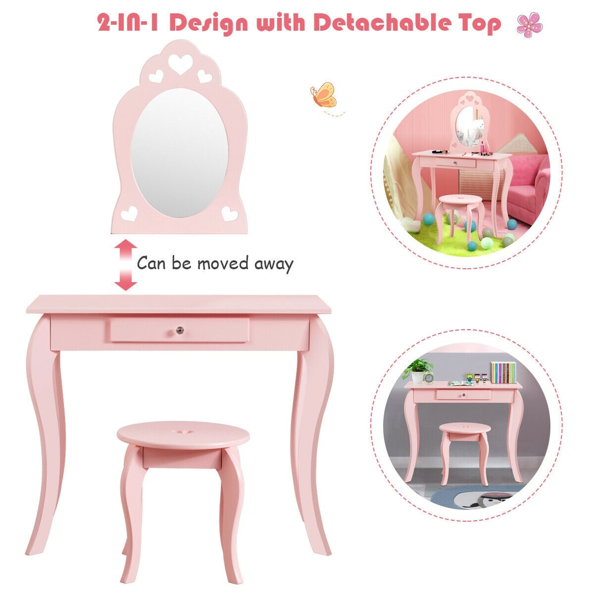 Kids Princess Makeup Dressing Play Table Set with Mirror -Pink-Kids Vanities-DECOROLALA