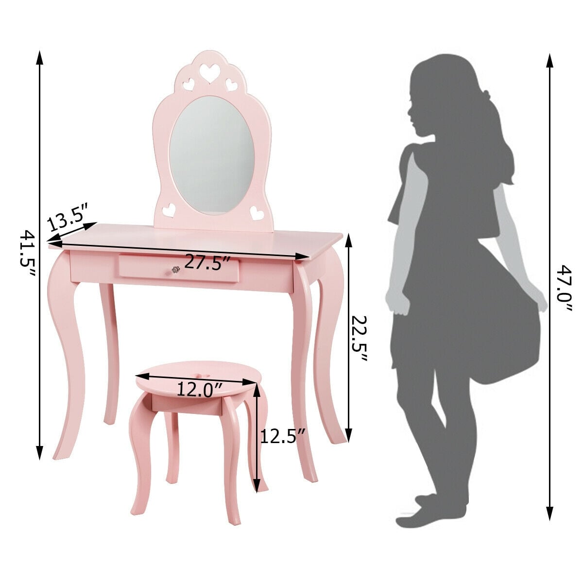 Kids Princess Makeup Dressing Play Table Set with Mirror -Pink-Kids Vanities-DECOROLALA