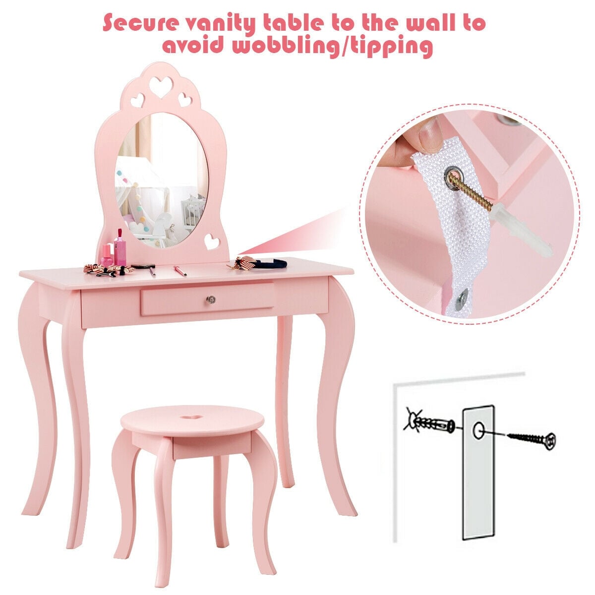 Kids Princess Makeup Dressing Play Table Set with Mirror -Pink-Kids Vanities-DECOROLALA