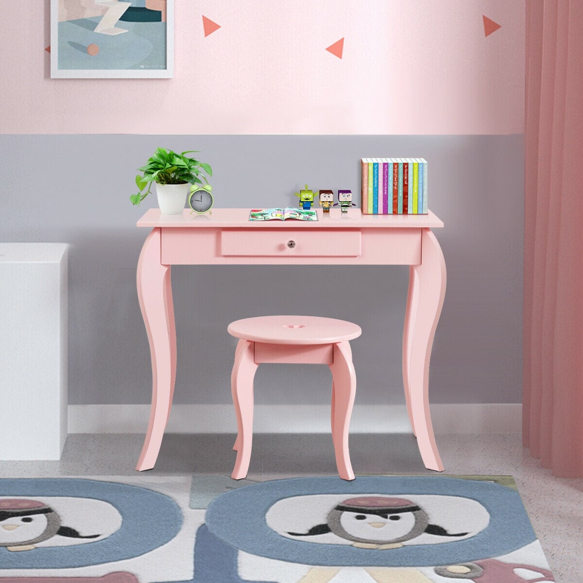 Kids Princess Makeup Dressing Play Table Set with Mirror -Pink-Kids Vanities-DECOROLALA