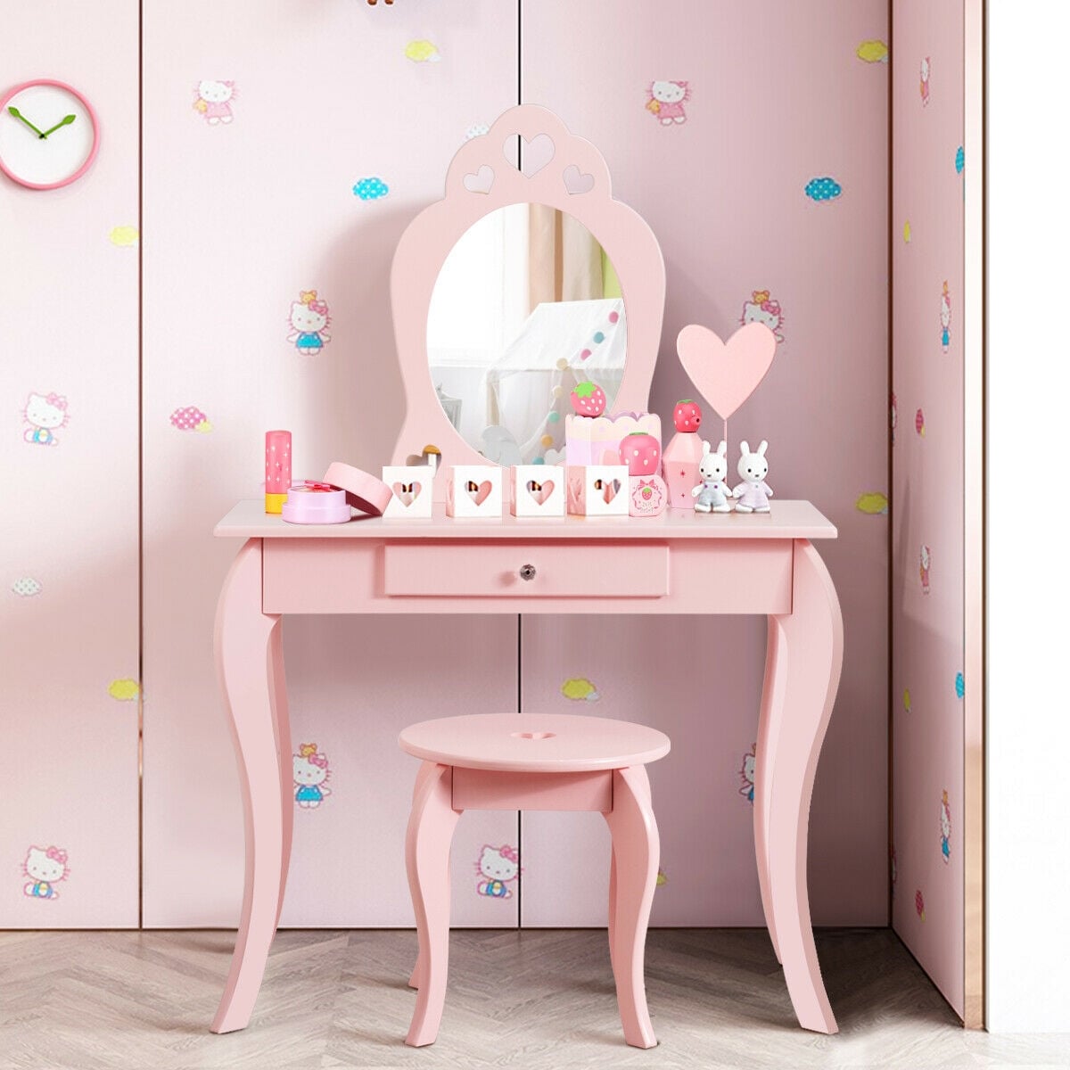 Kids Princess Makeup Dressing Play Table Set with Mirror -Pink-Kids Vanities-DECOROLALA