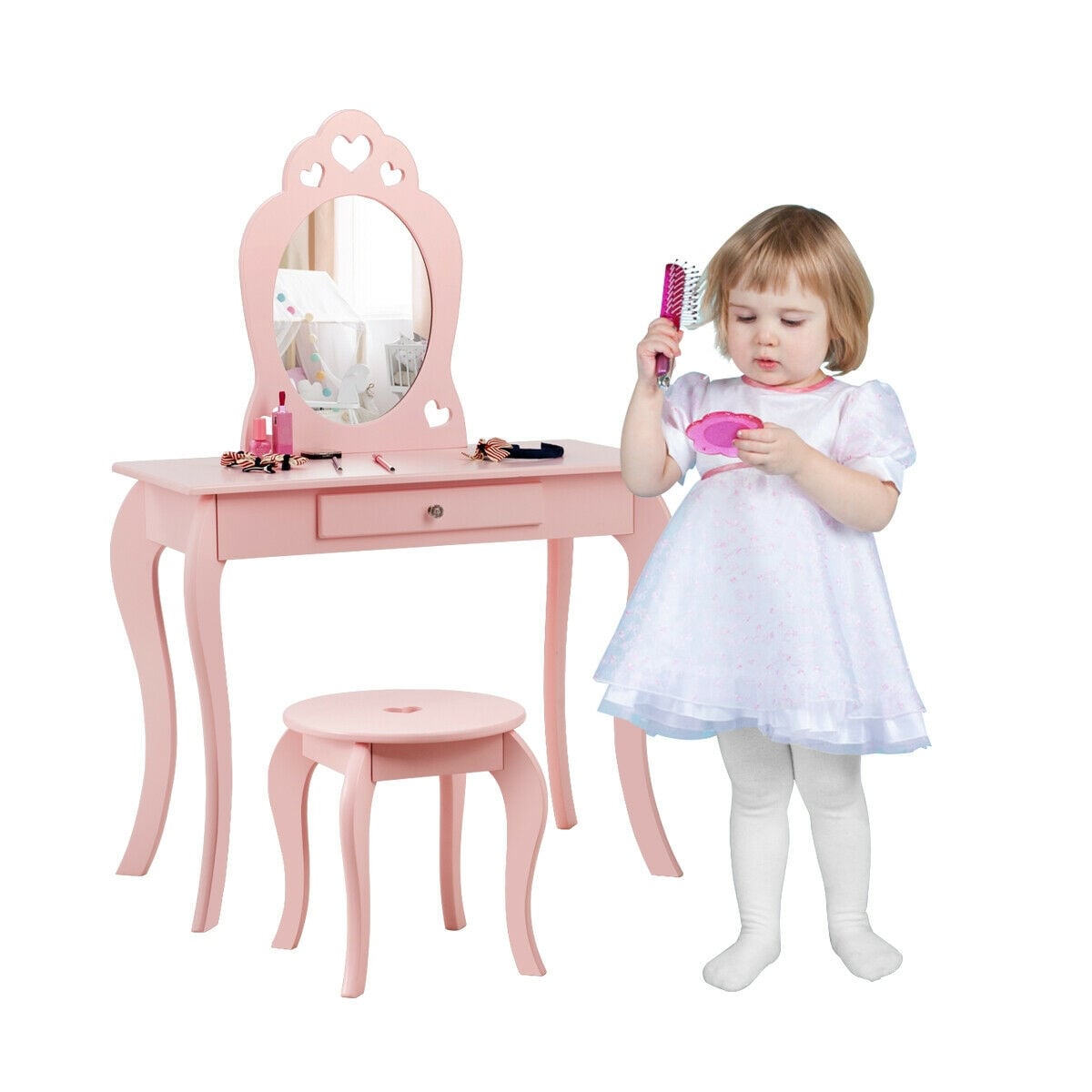 Kids Princess Makeup Dressing Play Table Set with Mirror -Pink-Kids Vanities-DECOROLALA