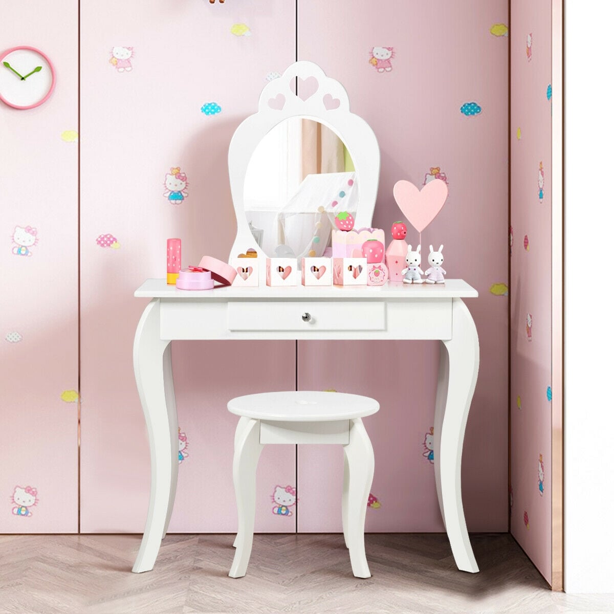 Kids Princess Makeup Dressing Play Table Set with Mirror -White-Kids Vanities-DECOROLALA