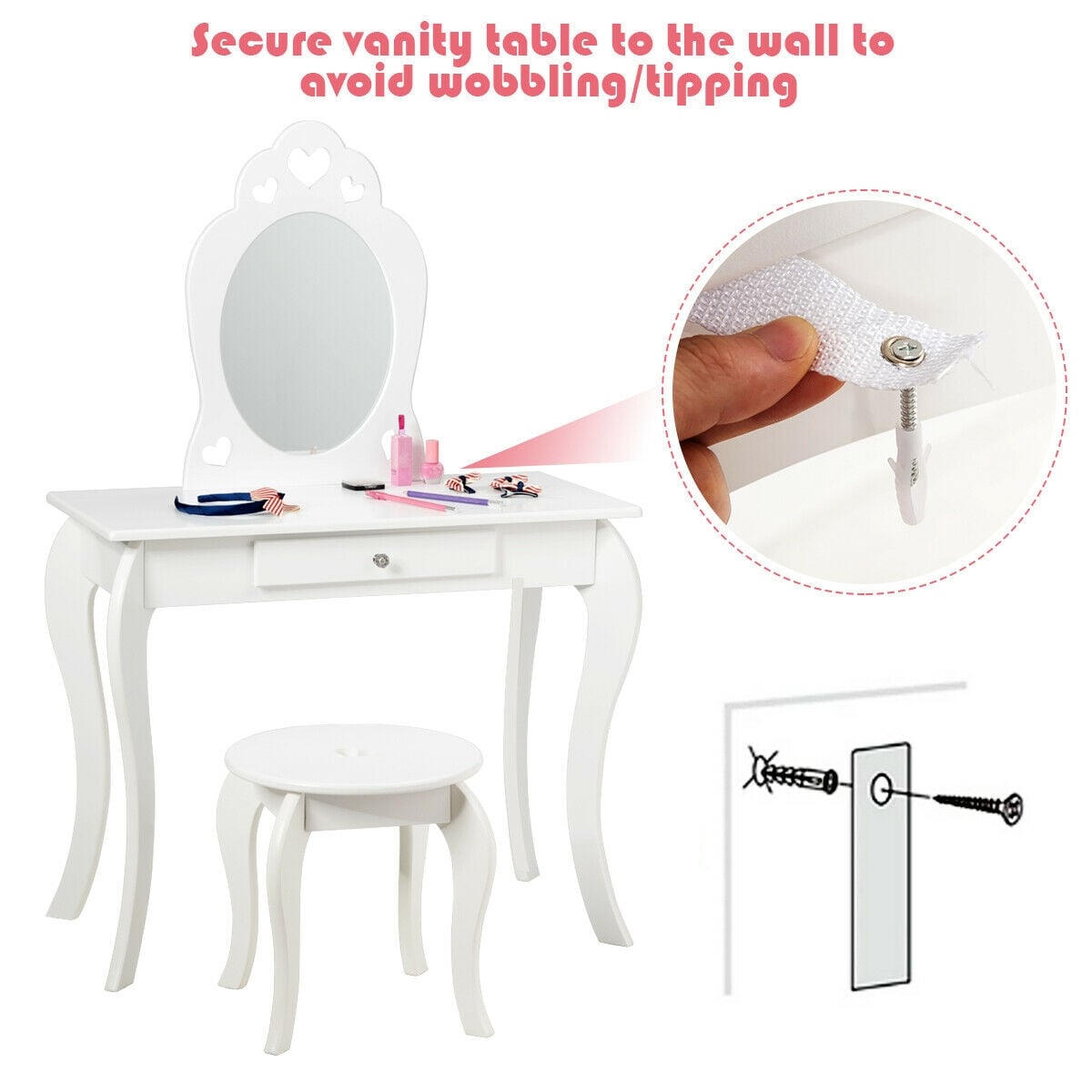 Kids Princess Makeup Dressing Play Table Set with Mirror -White-Kids Vanities-DECOROLALA
