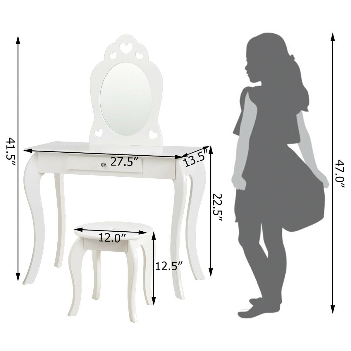 Kids Princess Makeup Dressing Play Table Set with Mirror -White-Kids Vanities-DECOROLALA