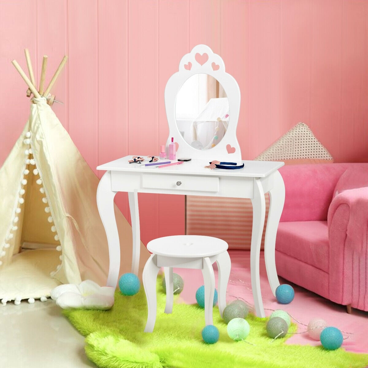 Kids Princess Makeup Dressing Play Table Set with Mirror -White-Kids Vanities-DECOROLALA