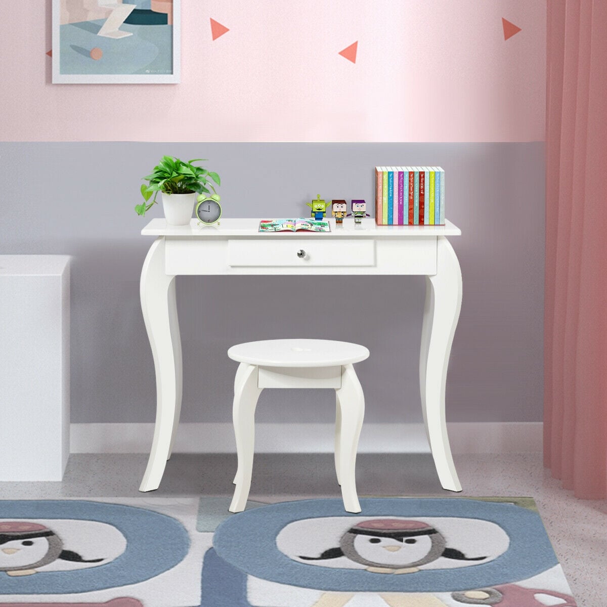 Kids Princess Makeup Dressing Play Table Set with Mirror -White-Kids Vanities-DECOROLALA