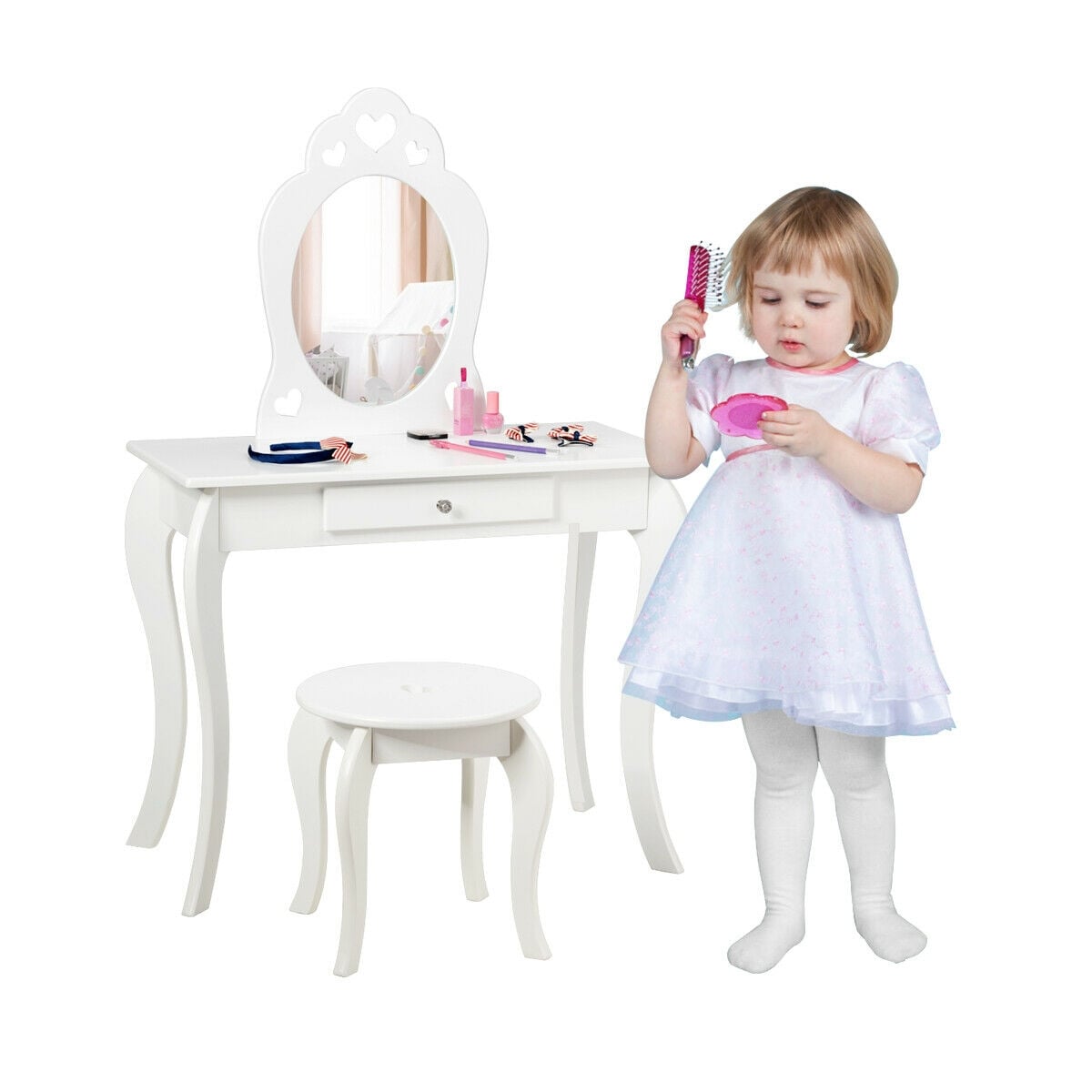 Kids Princess Makeup Dressing Play Table Set with Mirror -White-Kids Vanities-DECOROLALA