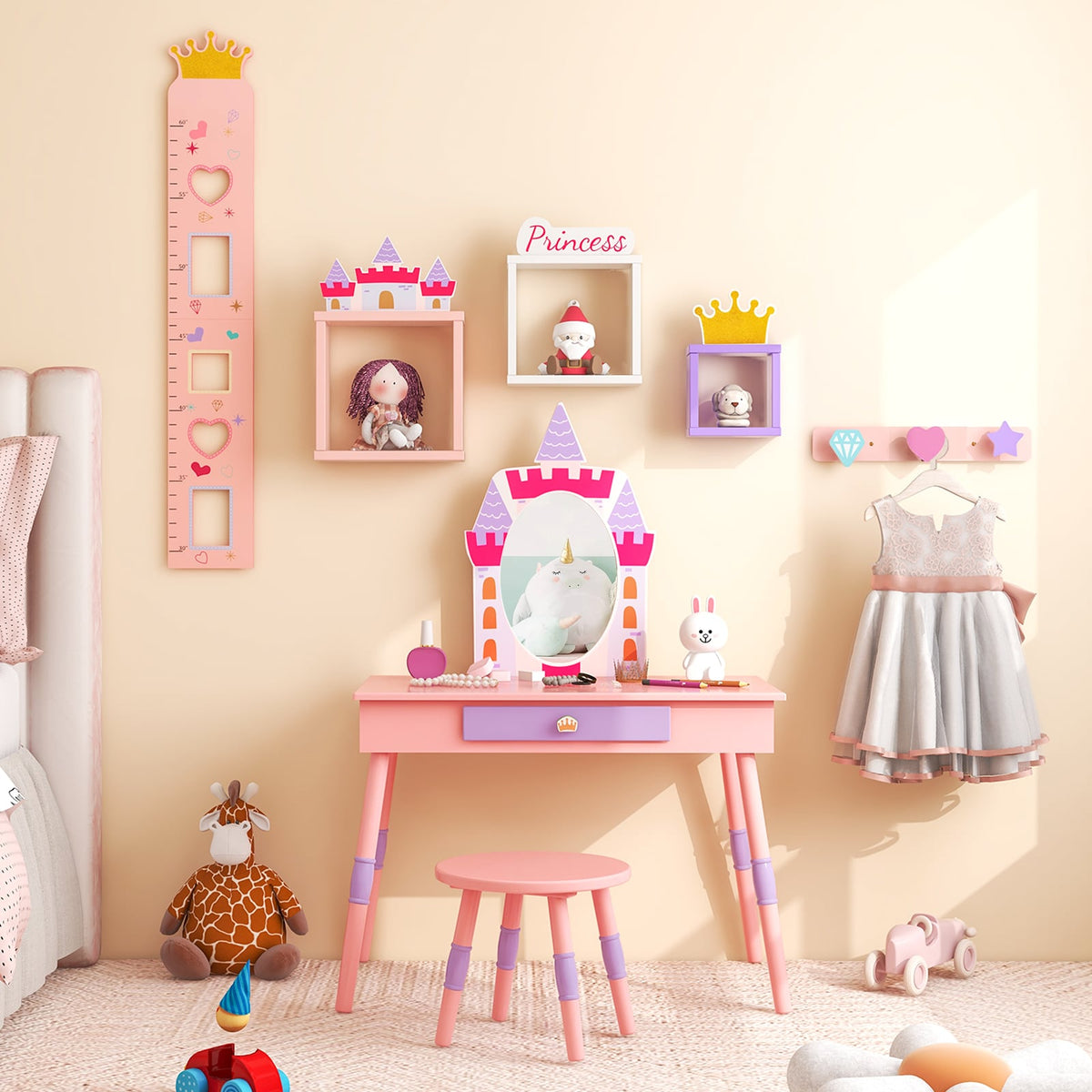 Kids Princess Vanity Table and Stool Set with Drawer and Mirror-Pink-Kids Vanities-DECOROLALA