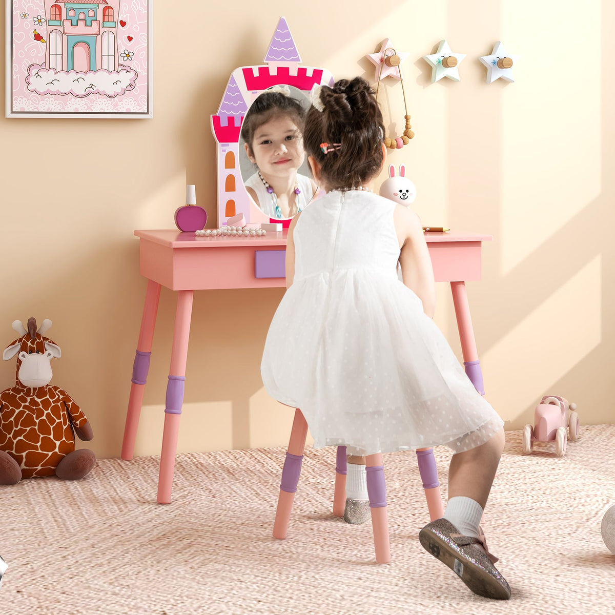 Kids Princess Vanity Table and Stool Set with Drawer and Mirror-Pink-Kids Vanities-DECOROLALA