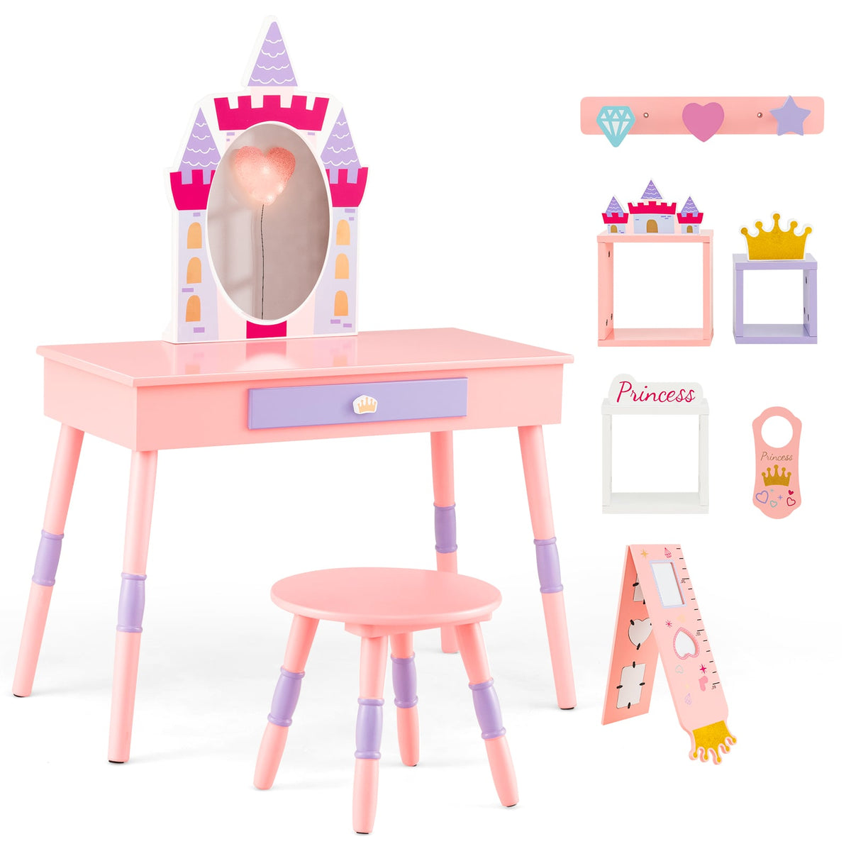 Kids Princess Vanity Table and Stool Set with Drawer and Mirror-Pink-Kids Vanities-DECOROLALA