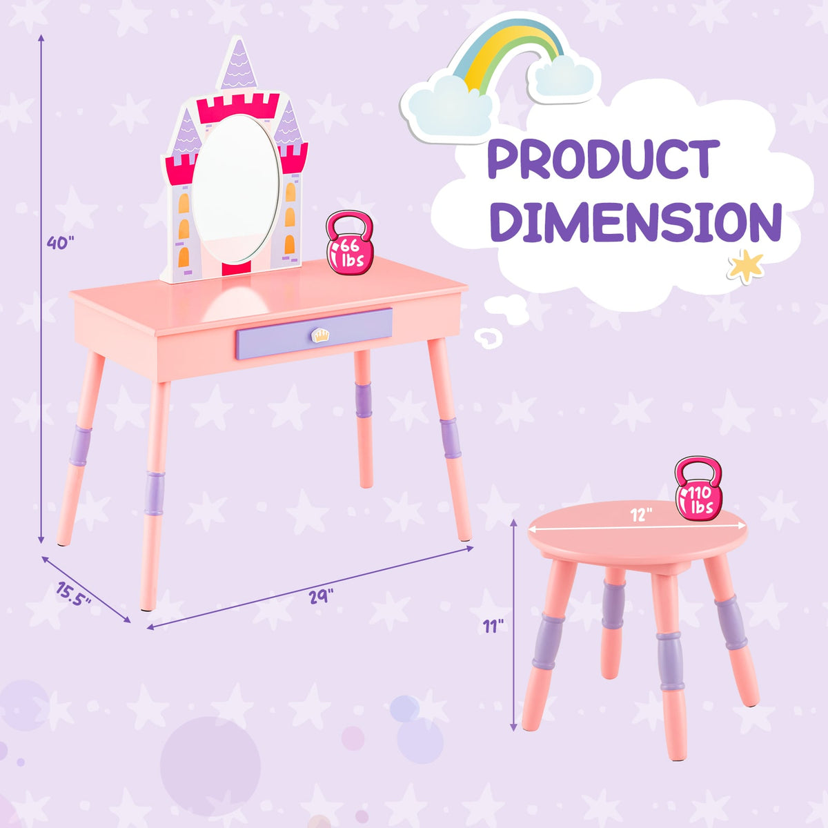 Kids Princess Vanity Table and Stool Set with Drawer and Mirror-Pink-Kids Vanities-DECOROLALA