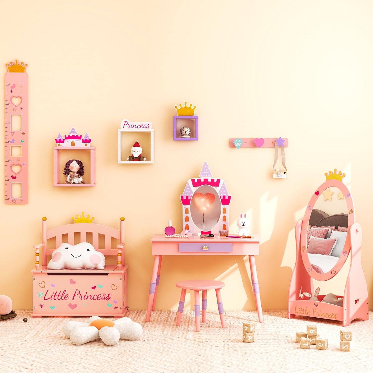 Kids Princess Vanity Table and Stool Set with Drawer and Mirror-Pink-Kids Vanities-DECOROLALA