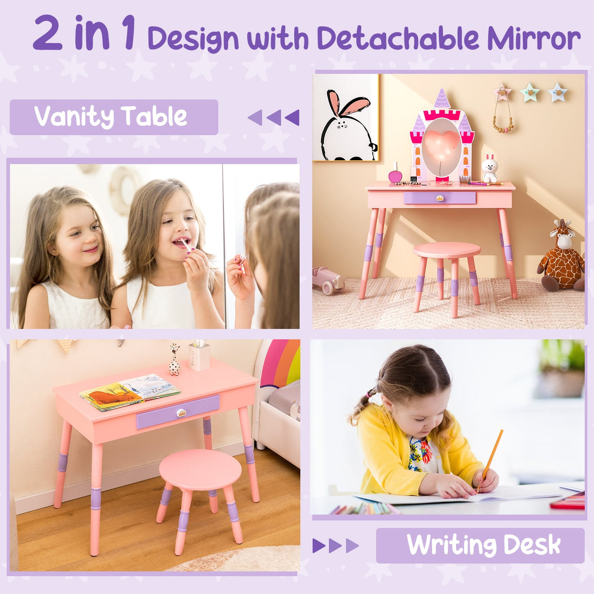 Kids Princess Vanity Table and Stool Set with Drawer and Mirror-Pink-Kids Vanities-DECOROLALA