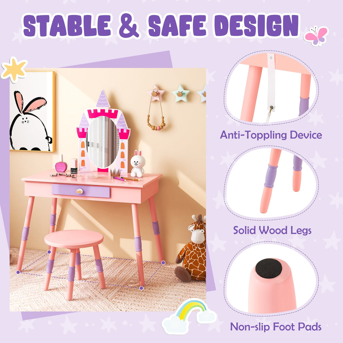 Kids Princess Vanity Table and Stool Set with Drawer and Mirror-Pink-Kids Vanities-DECOROLALA