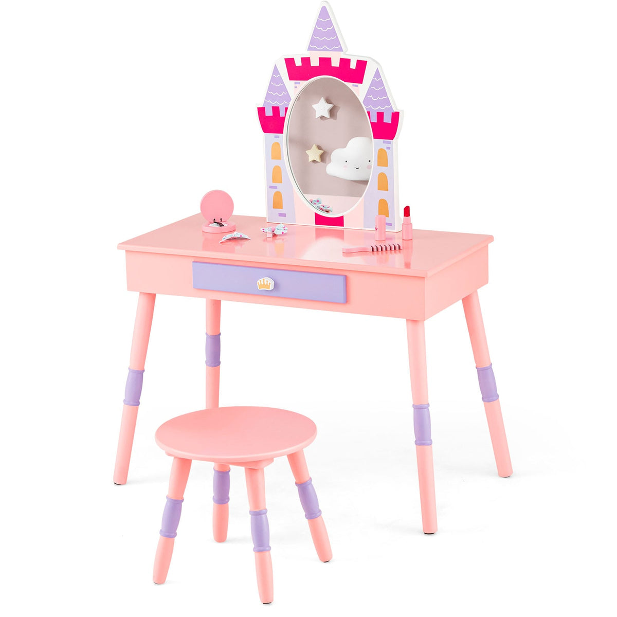 Kids Princess Vanity Table and Stool Set with Drawer and Mirror-Pink-Kids Vanities-DECOROLALA