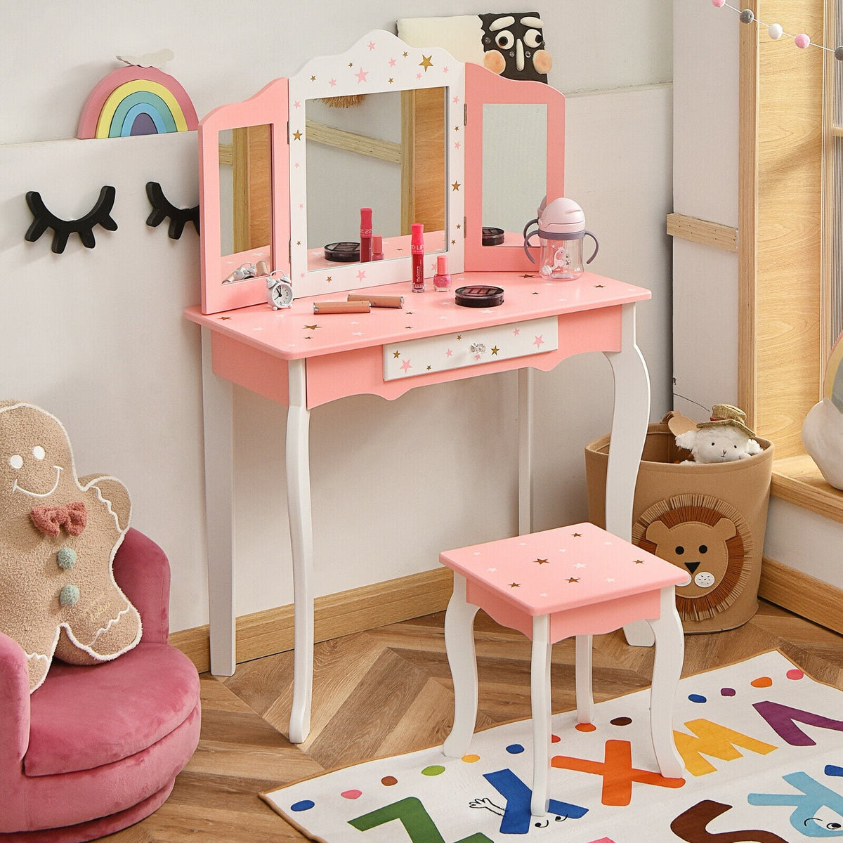 Kids Princess Vanity Table and Stool Set with Tri-folding Mirror and Drawer-Pink-Kids Vanities-DECOROLALA