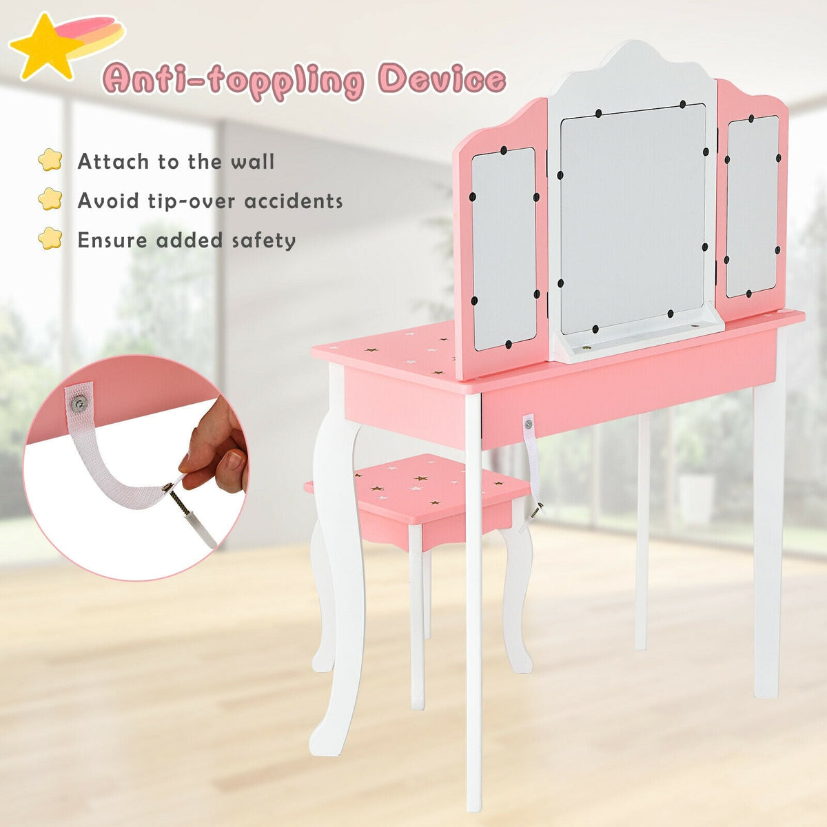 Kids Princess Vanity Table and Stool Set with Tri-folding Mirror and Drawer-Pink-Kids Vanities-DECOROLALA