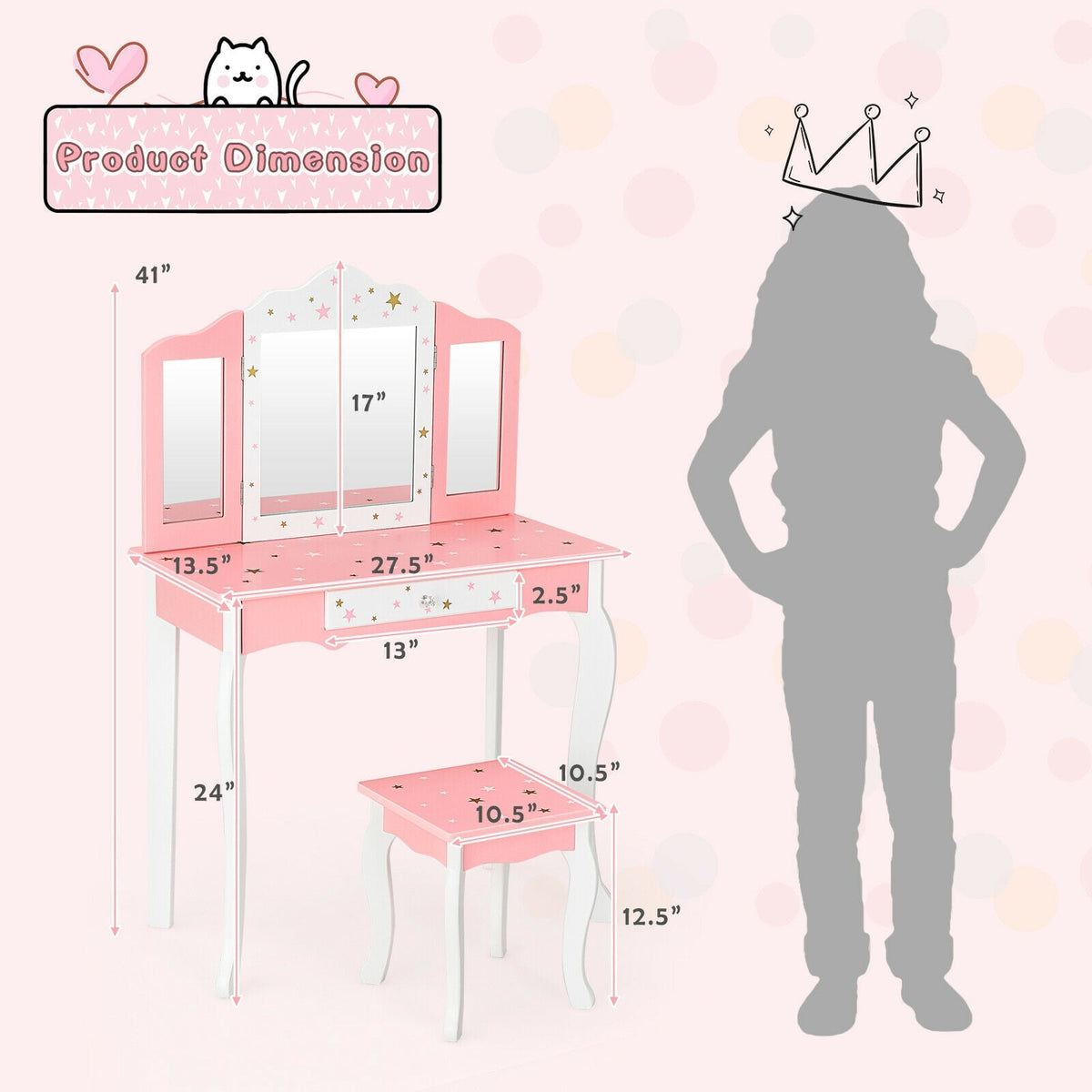 Kids Princess Vanity Table and Stool Set with Tri-folding Mirror and Drawer-Pink-Kids Vanities-DECOROLALA