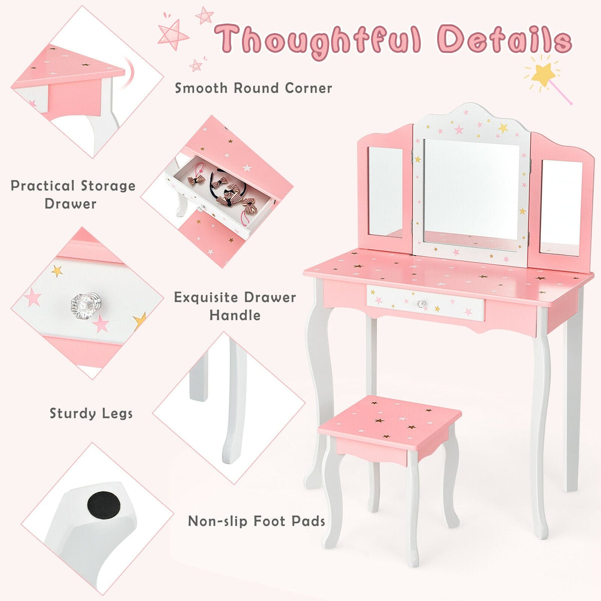 Kids Princess Vanity Table and Stool Set with Tri-folding Mirror and Drawer-Pink-Kids Vanities-DECOROLALA