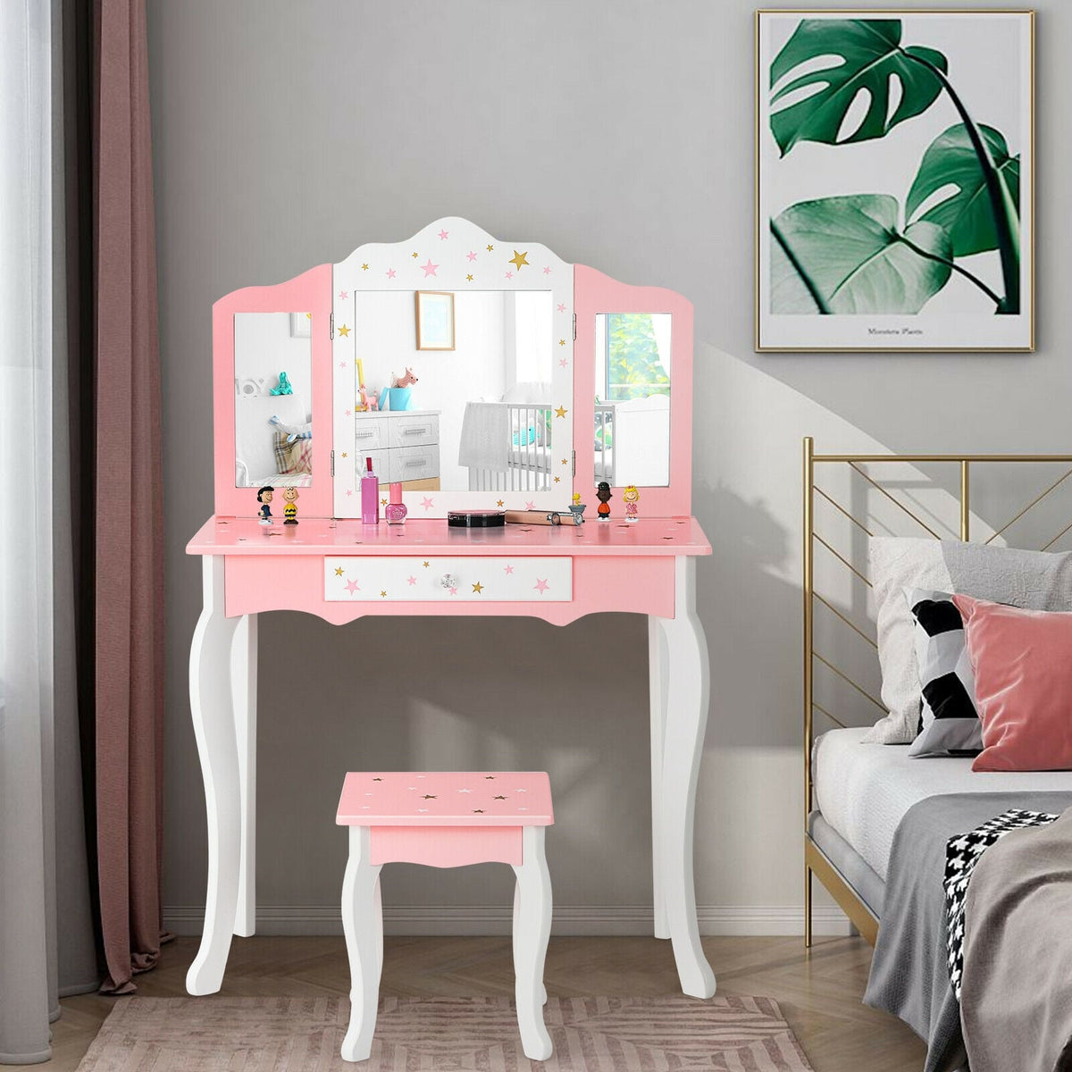 Kids Princess Vanity Table and Stool Set with Tri-folding Mirror and Drawer-Pink-Kids Vanities-DECOROLALA